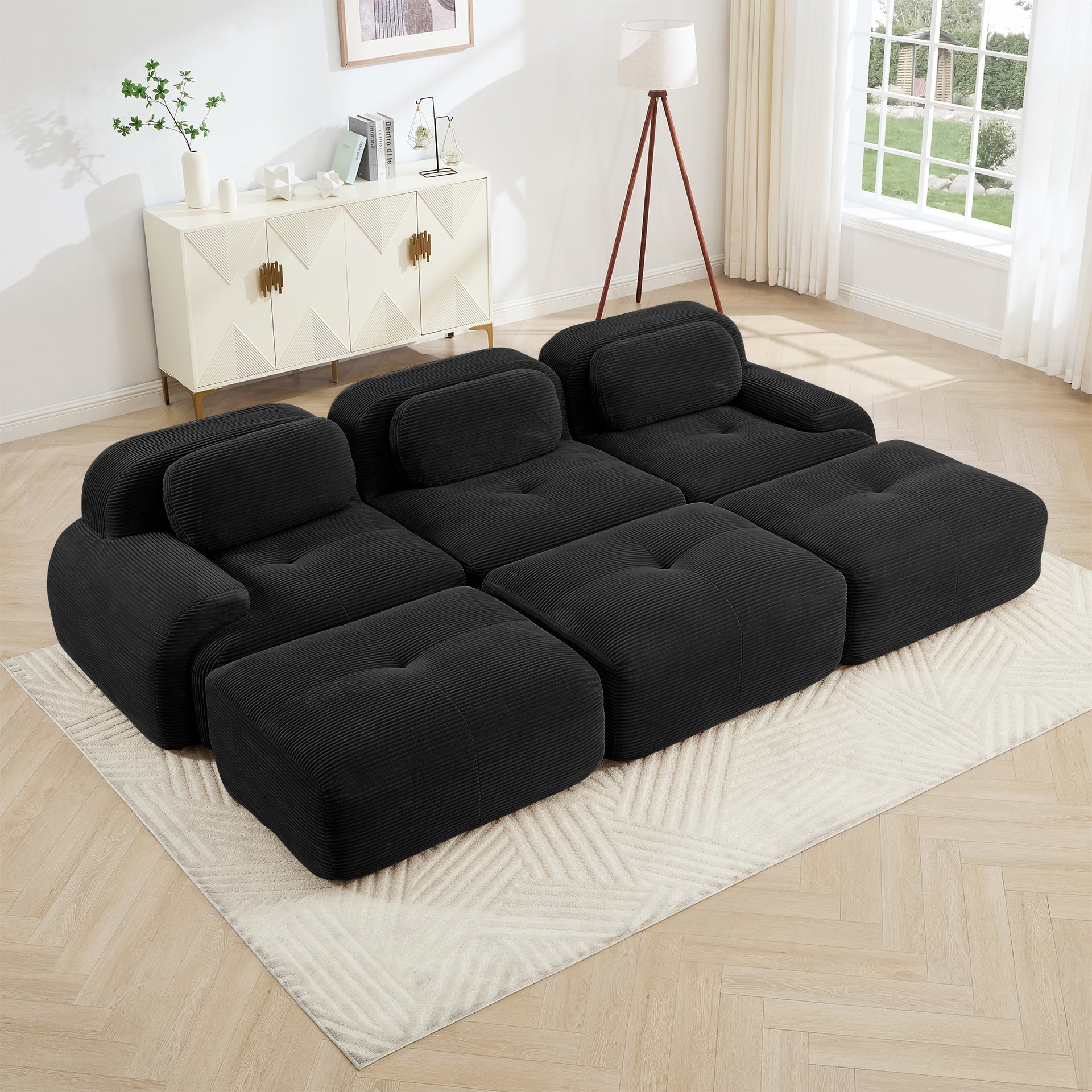 Three-seat modular sofa with 3 Ottomans corduroy fabric no assembly pet-friendly ultra-wide curved armrests 32D high-resilience sponge living rooms media rooms,Black