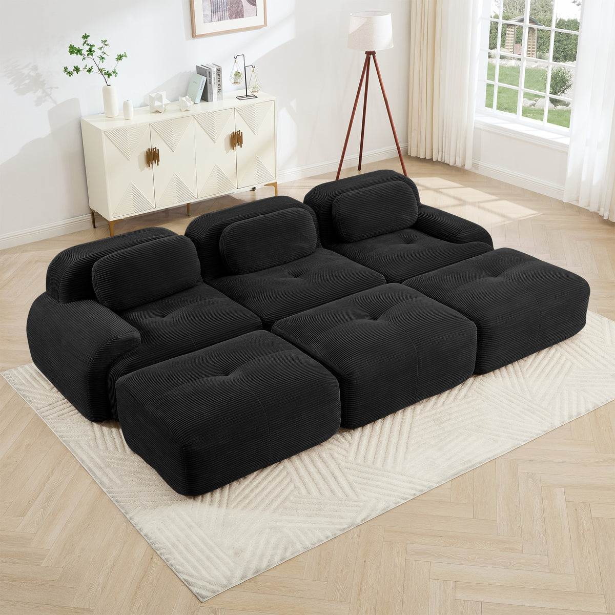 Three-seat modular sofa with 3 Ottomans corduroy fabric no assembly pet-friendly ultra-wide curved armrests 32D high-resilience sponge living rooms media rooms,Black