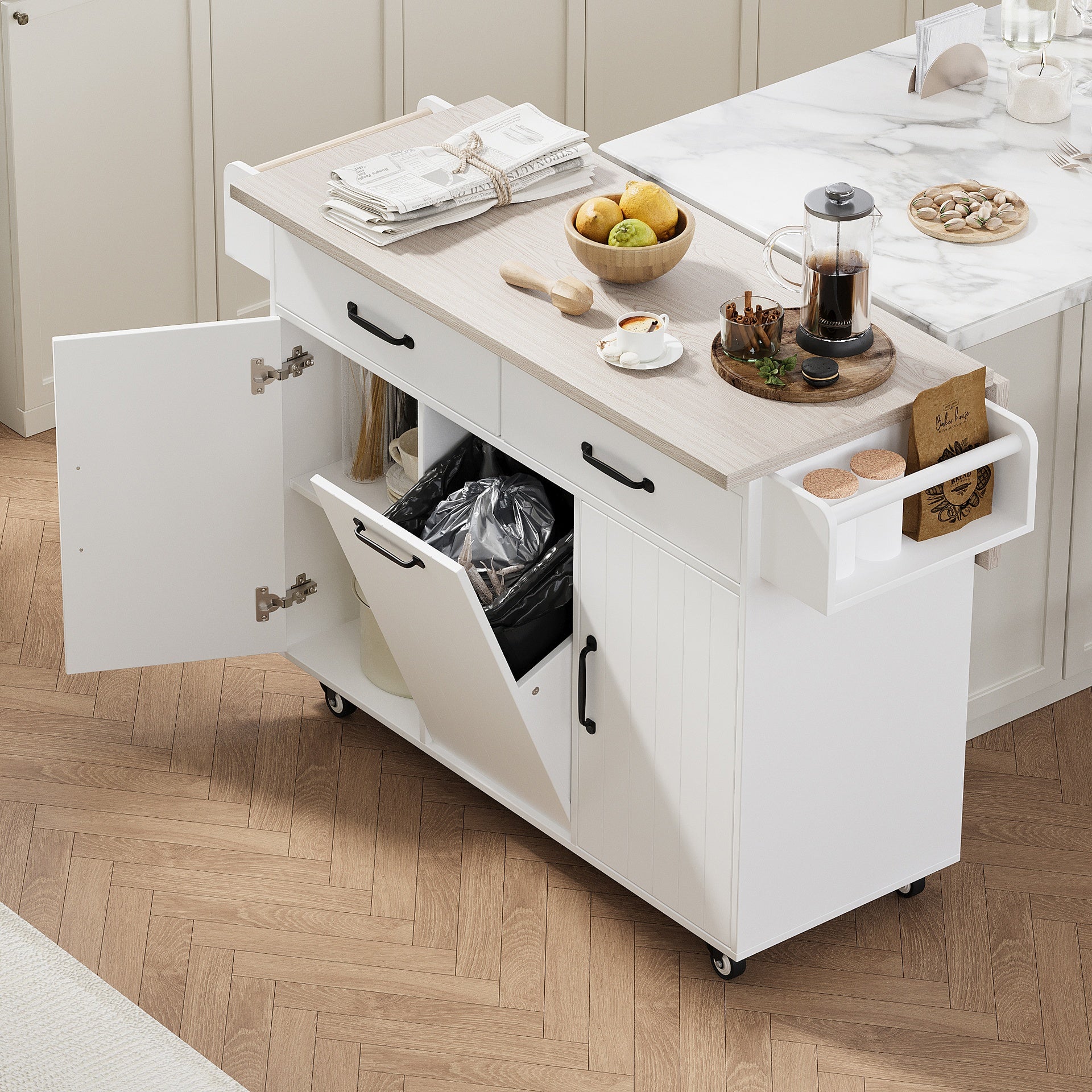 K&K Kitchen Island with Trash Can Storage Cabinet, Kitchen Cart with Drop Leaf, Spice Rack, Towel Rack and Drawer, Rolling Kitchen Island on Wheels with Adjustable Shelf, White