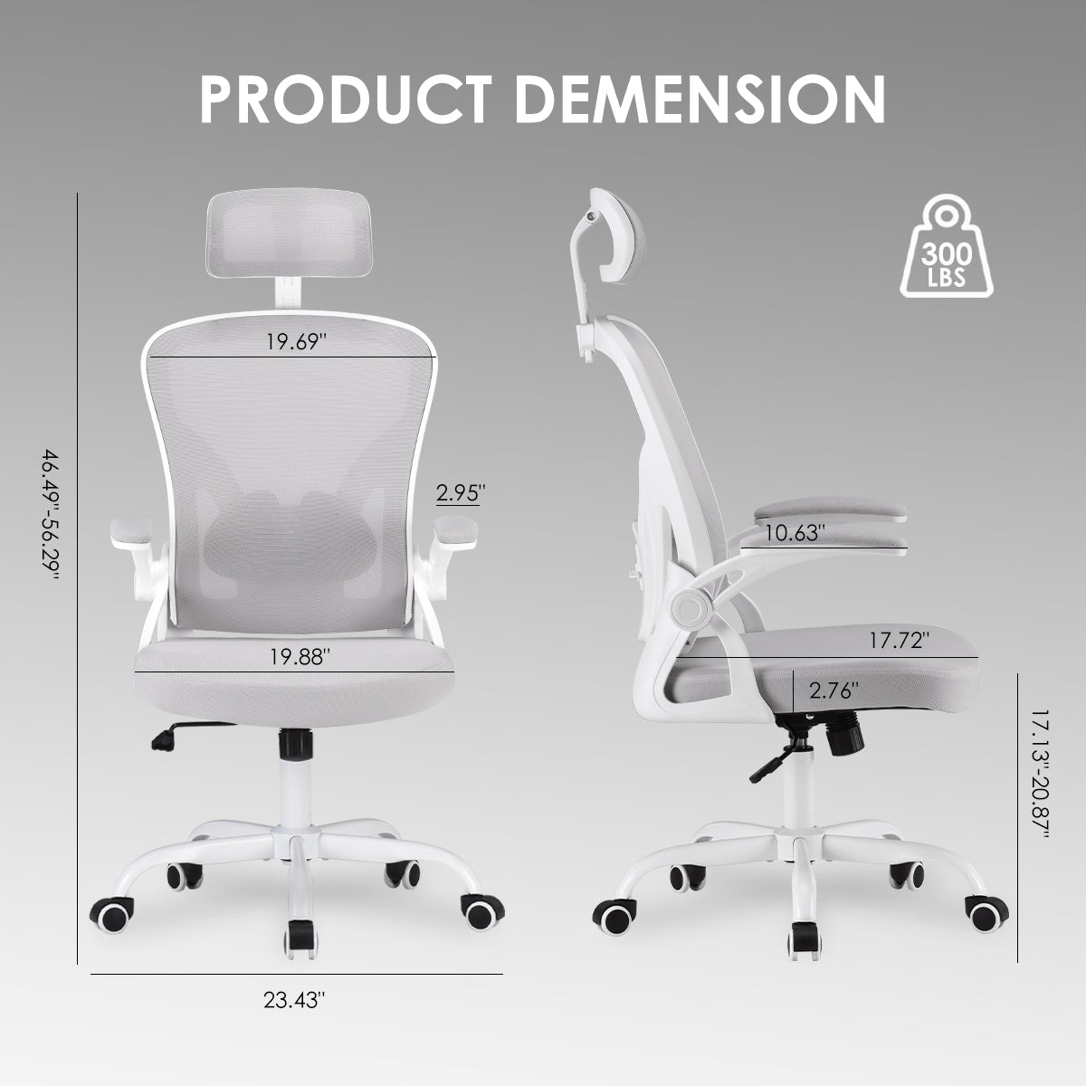 Ergonomic Office Chair, Home Office Desk Chair with Headrest, High Back Computer Chair with Armrests and Adjustable Lumbar Support for Home Office Study Room,White & Gray