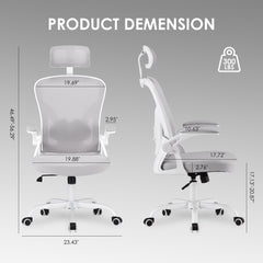 Ergonomic Office Chair, Home Office Desk Chair with Headrest, High Back Computer Chair with Armrests and Adjustable Lumbar Support for Home Office Study Room,White & Gray