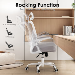 Ergonomic Office Chair, Home Office Desk Chair with Headrest, High Back Computer Chair with Armrests and Adjustable Lumbar Support for Home Office Study Room,White & Gray