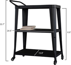3-Tiered Metal Frame, Industrial Dining Cart with Swivel Wheels, Black