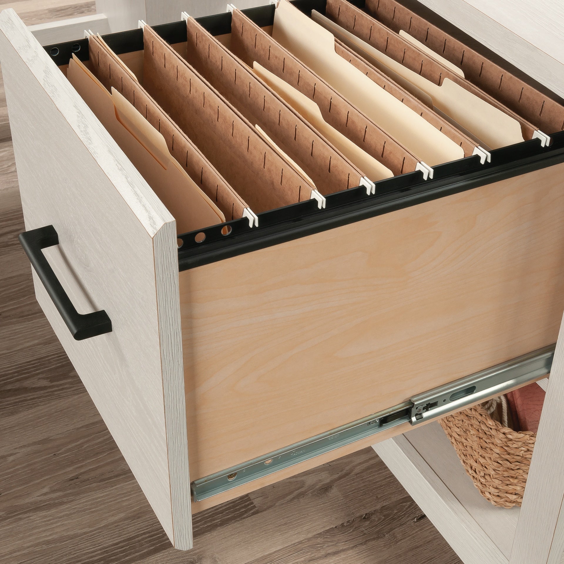 Transitional L-Shaped Desk with File Drawer, White finish