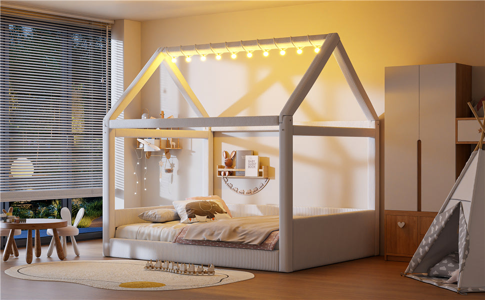 Full Size Upholstered House Daybed with LED Light Strips,Beige