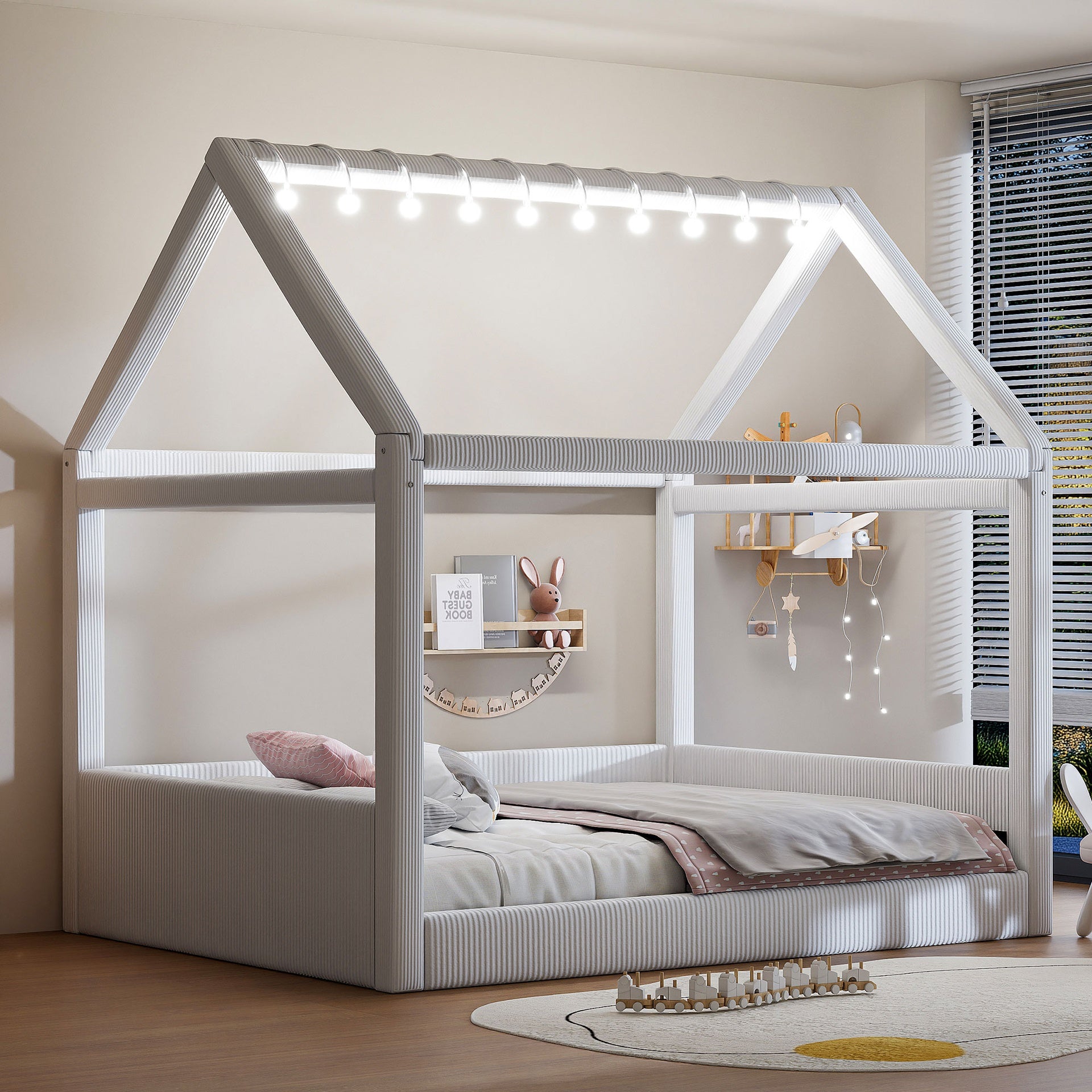 Full Size Upholstered House Daybed with LED Light Strips,Beige