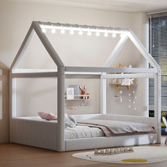 Full Size Upholstered House Daybed with LED Light Strips,Beige