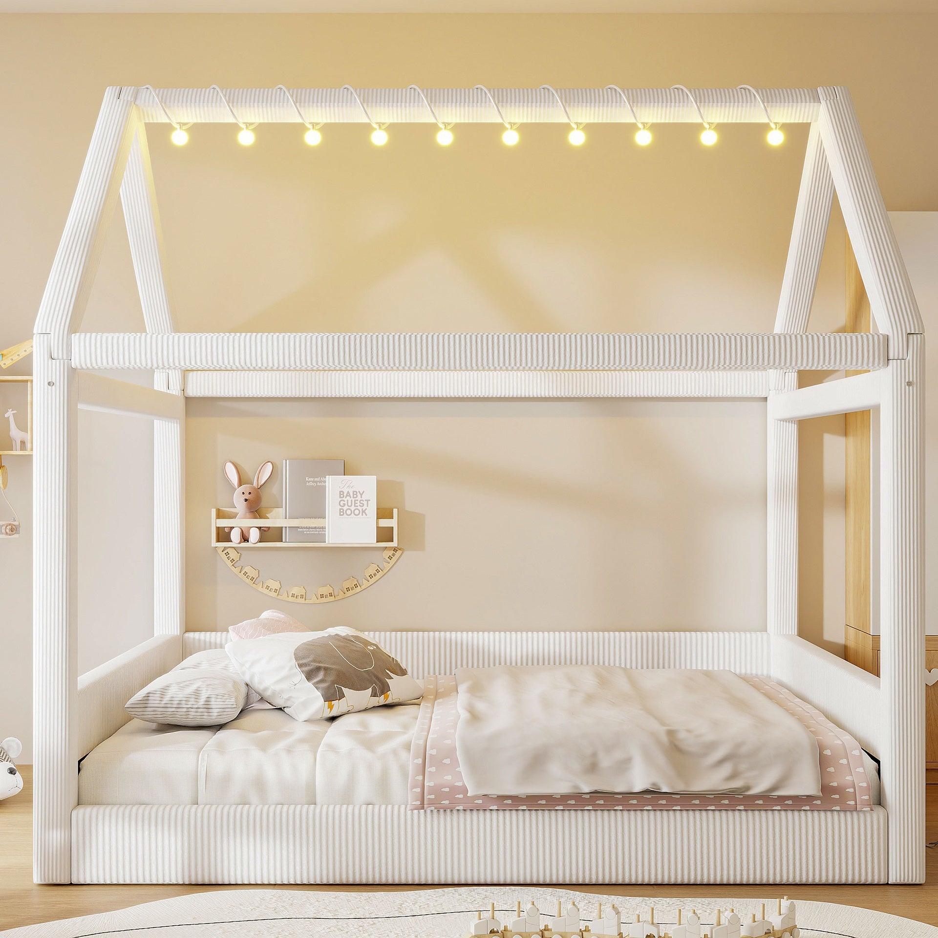 Full Size Upholstered House Daybed with LED Light Strips,Beige