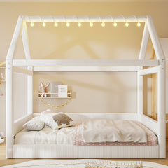 Full Size Upholstered House Daybed with LED Light Strips,Beige