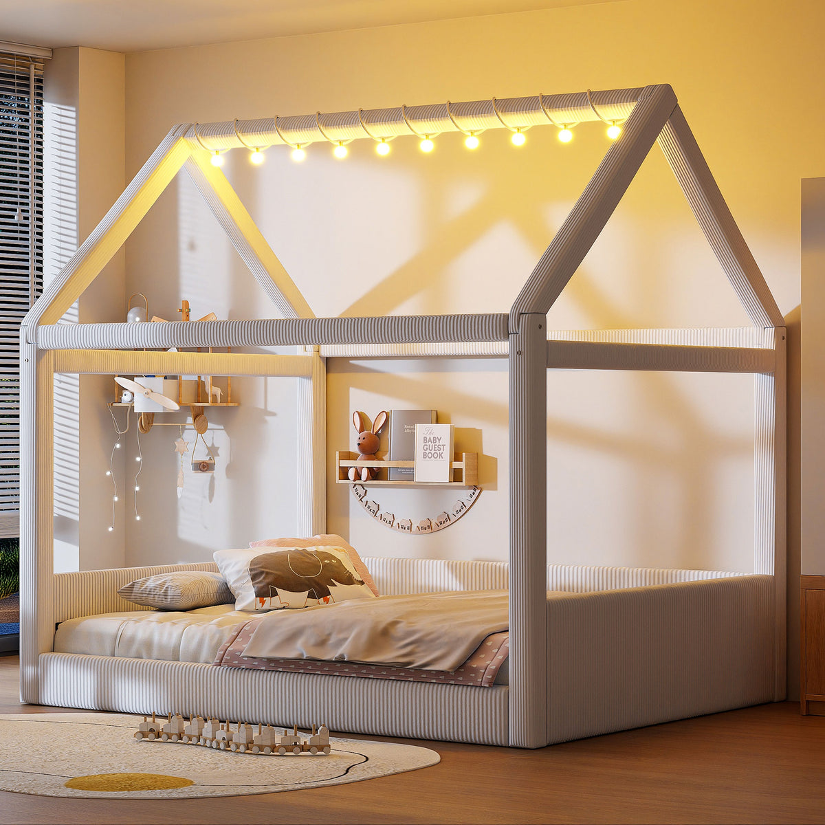 Full Size Upholstered House Daybed with LED Light Strips,Beige