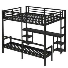 Queen Over Twin XL Metal Bunk Bed/Loft Bed with Desk and Shelves, Multiple Uses Folds into Sofa with LED and USB, Black