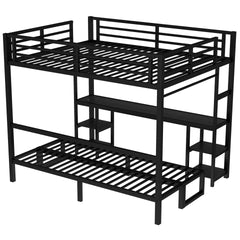Queen Over Twin XL Metal Bunk Bed/Loft Bed with Desk and Shelves, Multiple Uses Folds into Sofa with LED and USB, Black