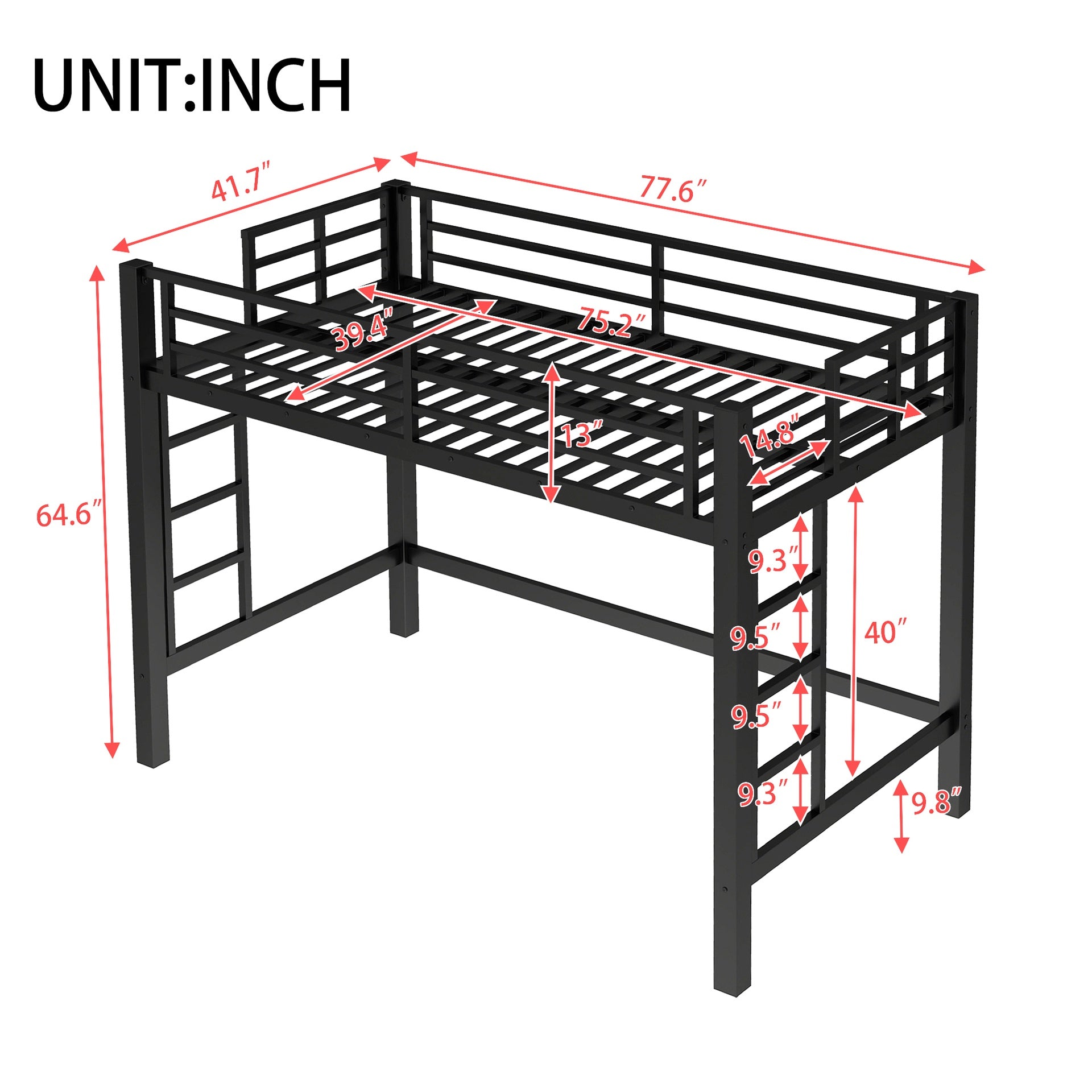 Twin Size Metal Loft Bed, Loft Bed with Easy Climbing Ladder and Guardrails , Black
