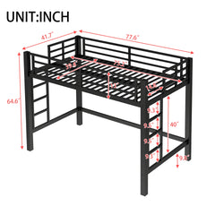 Twin Size Metal Loft Bed, Loft Bed with Easy Climbing Ladder and Guardrails , Black
