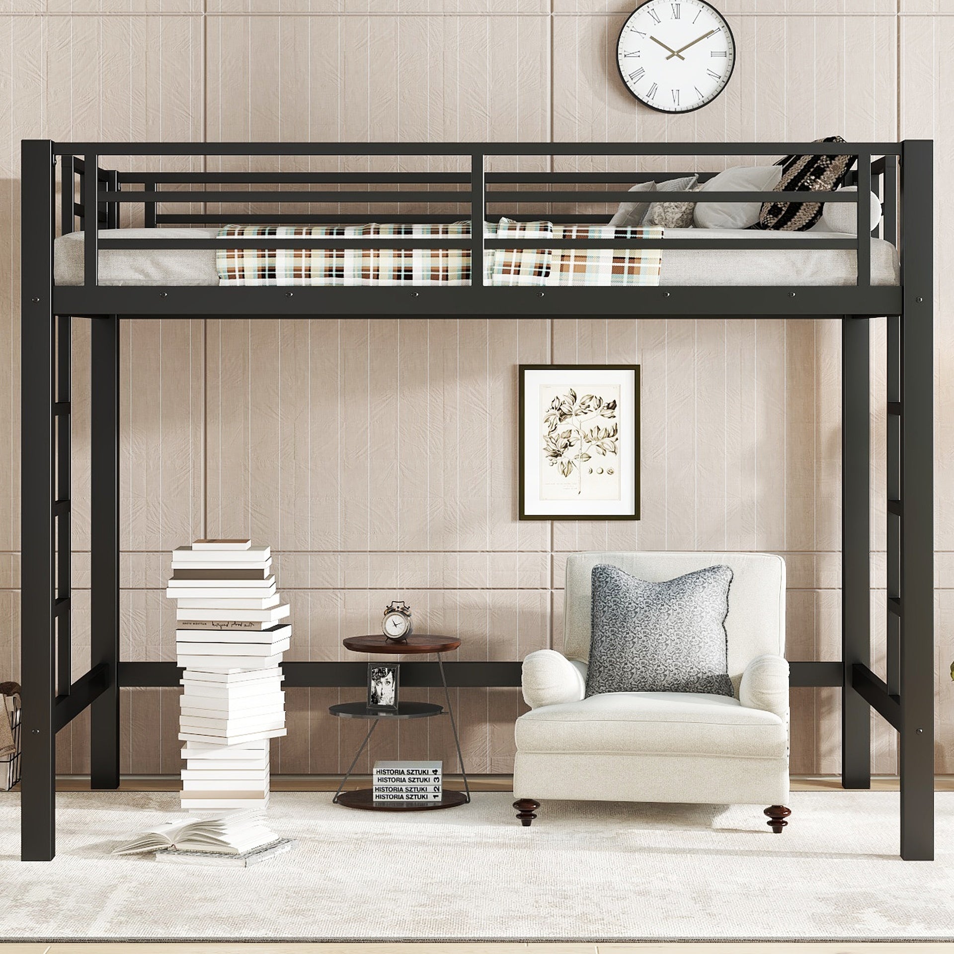 Twin Size Metal Loft Bed, Loft Bed with Easy Climbing Ladder and Guardrails , Black
