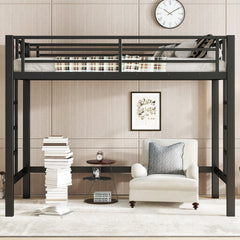 Twin Size Metal Loft Bed, Loft Bed with Easy Climbing Ladder and Guardrails , Black
