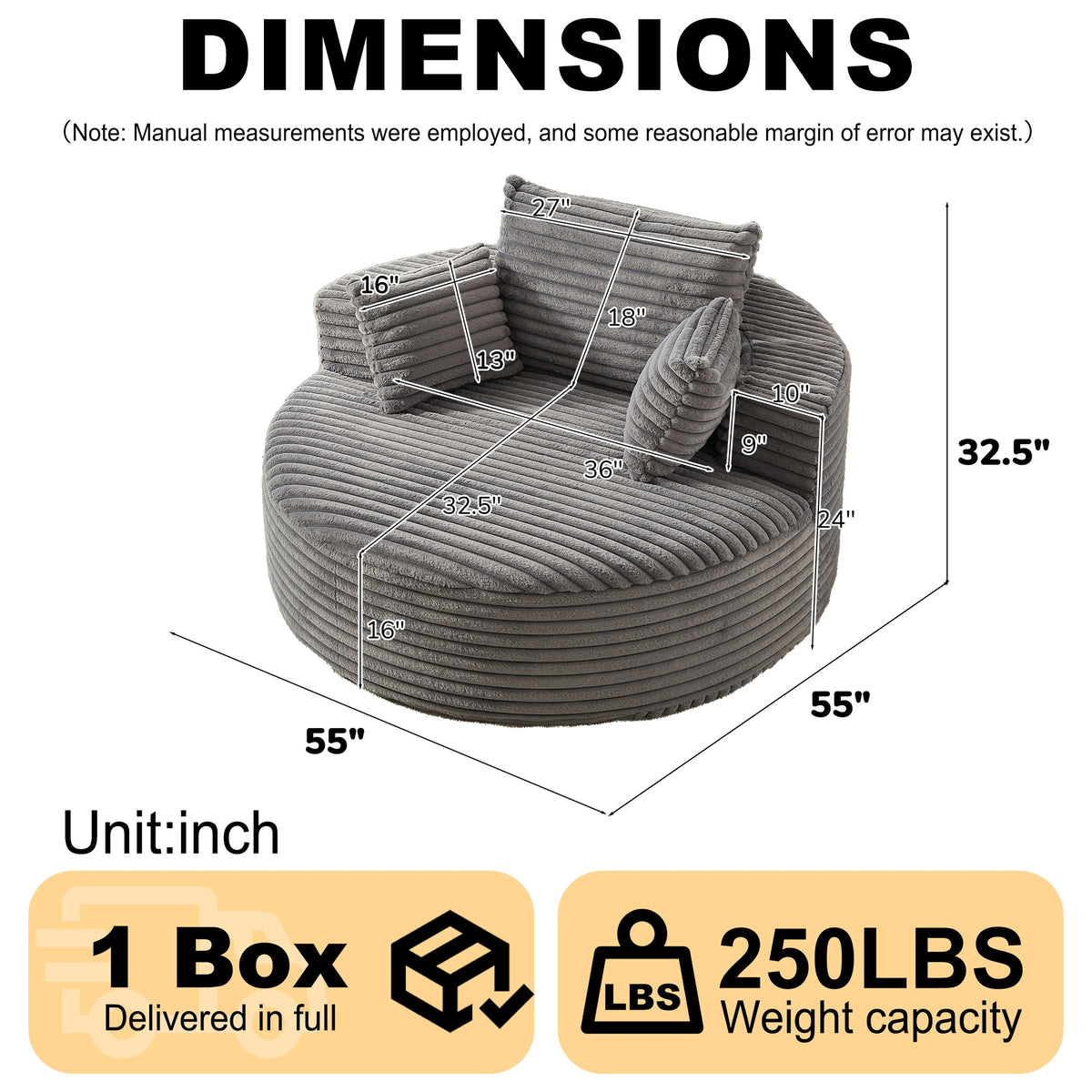 55'L Corduroy Sponge single sofa,No Assembly Required,Fluffy Modern Sleeper Chair for Living room, Bedroom, Lounge and Projection Room(Not a swivel chair.)
