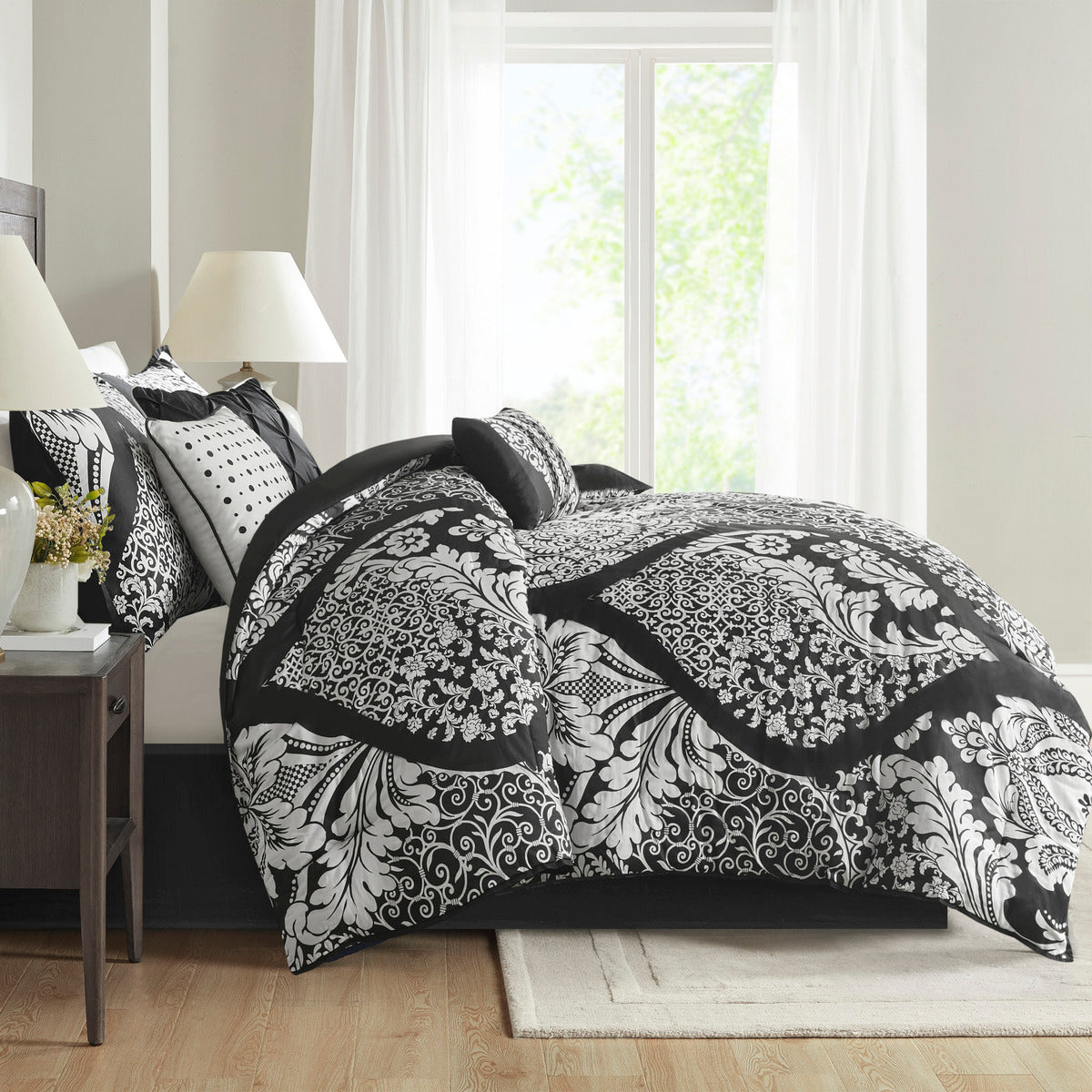 7 Piece Cotton Printed Comforter Set Black Cal King