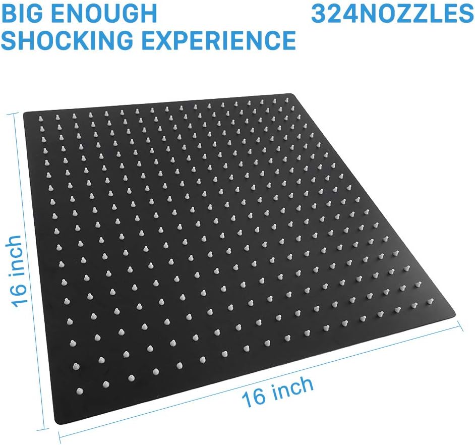 16 Inch Oversize Stainless Steel Rain Shower Head - Matte Black High Pressure Shower Head, Square Rainfall Showerhead - Waterfall Full Body Coverage - Universal Ceiling or Wall Mount