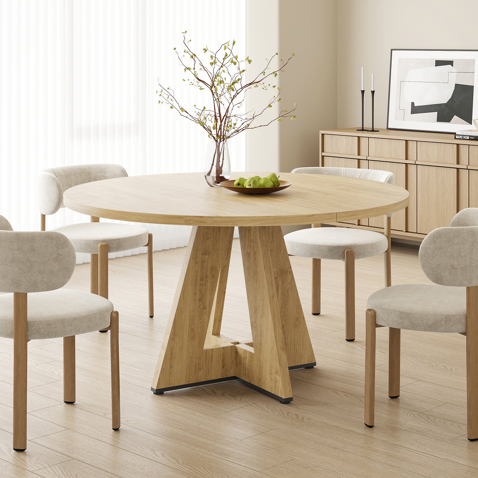 47" Round Dining Table for 4-7 People, Modern Wood Kitchen Table with Sturdy Metal Base, Large Round Dinner Table for Dining Room, Easy Assembly