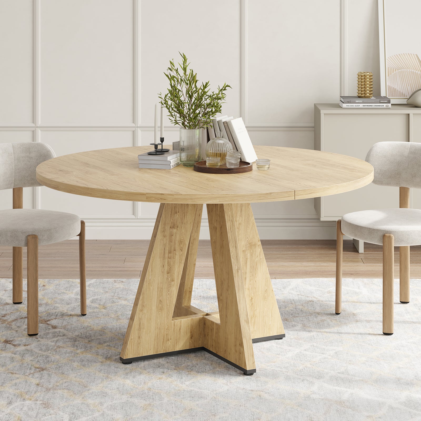 47" Round Dining Table for 4-7 People, Modern Wood Kitchen Table with Sturdy Metal Base, Large Round Dinner Table for Dining Room, Easy Assembly