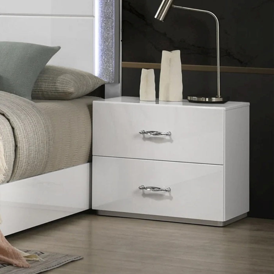 Contemporary Style 1pc Nightstand Stainless Steel High Gloss Finish Acrylic Handles White Finish Bedroom Furniture