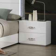 Contemporary Style 1pc Nightstand Stainless Steel High Gloss Finish Acrylic Handles White Finish Bedroom Furniture