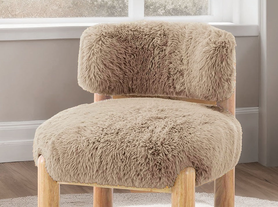 Mushroom Finish Accent Chair Fur Fabric Wooden Legs Curved Backrest Contemporary Primary Living Room
