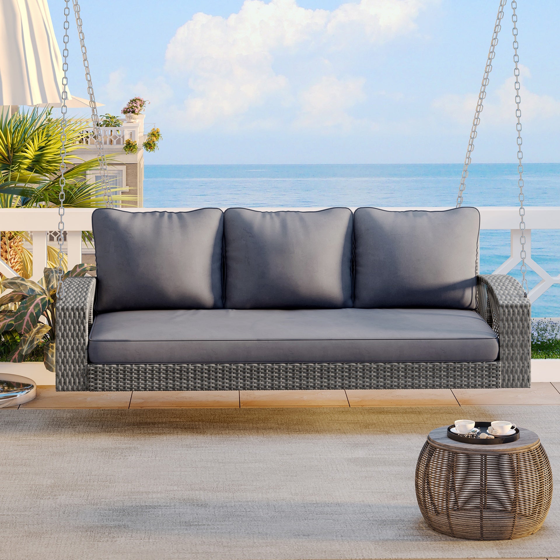 GO 69" PE Wicker 3-Person Porch Swing with Chains, Large Patio Swing Bench with Cushions for Backyard, Garden, and Poolside, Gray69"