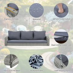 GO 69" PE Wicker 3-Person Porch Swing with Chains, Large Patio Swing Bench with Cushions for Backyard, Garden, and Poolside, Gray69"