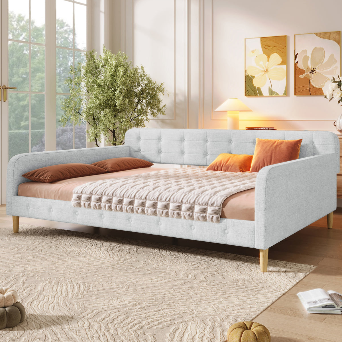 Queen Size Upholstered Daybed with 4 Support Legs, Beige