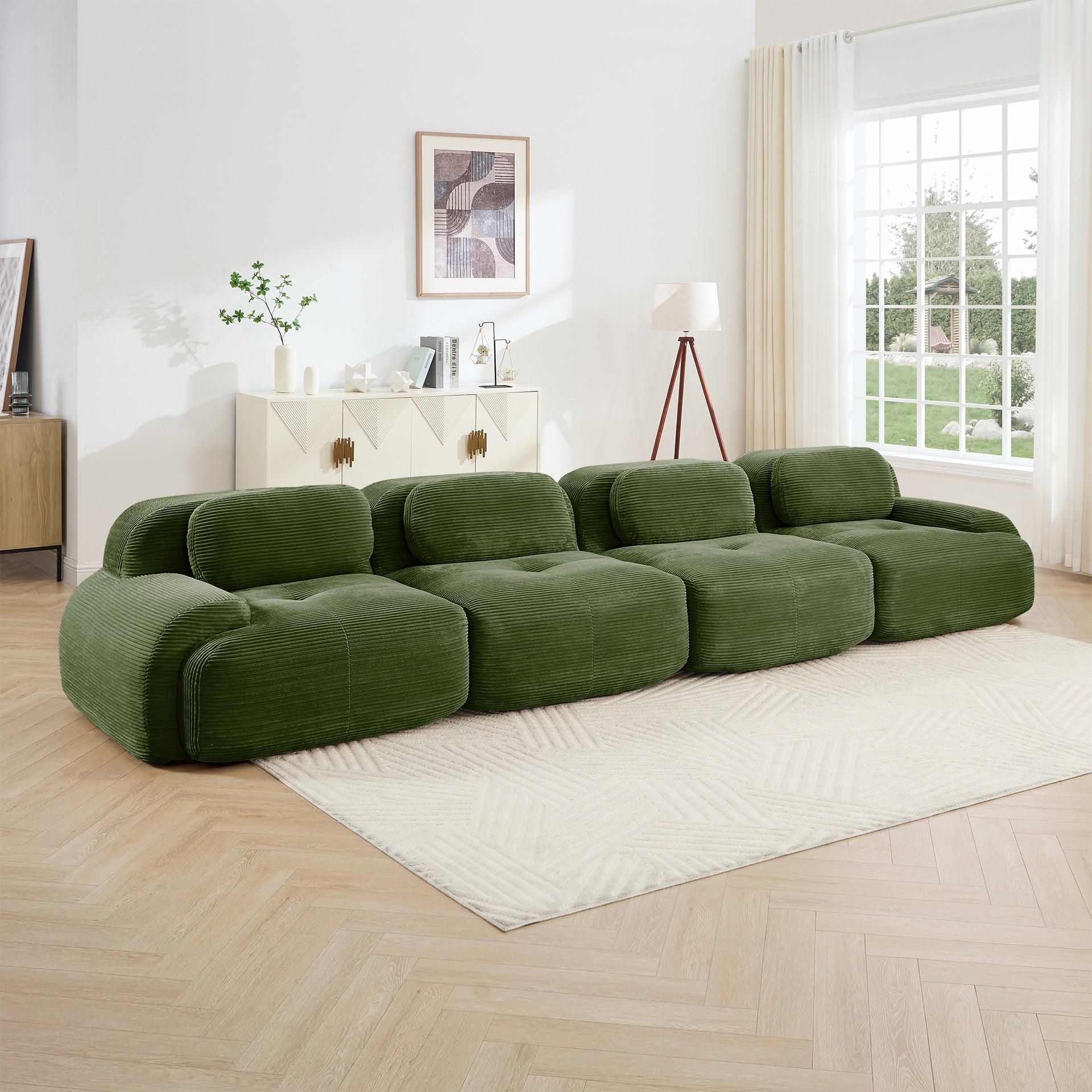 4-seat sofa soft corduroy fabric 32D high-resilience sponge pet-friendly ergonomic design full compression vacuum packaging free combination no assembly for bedrooms studies,Olive green