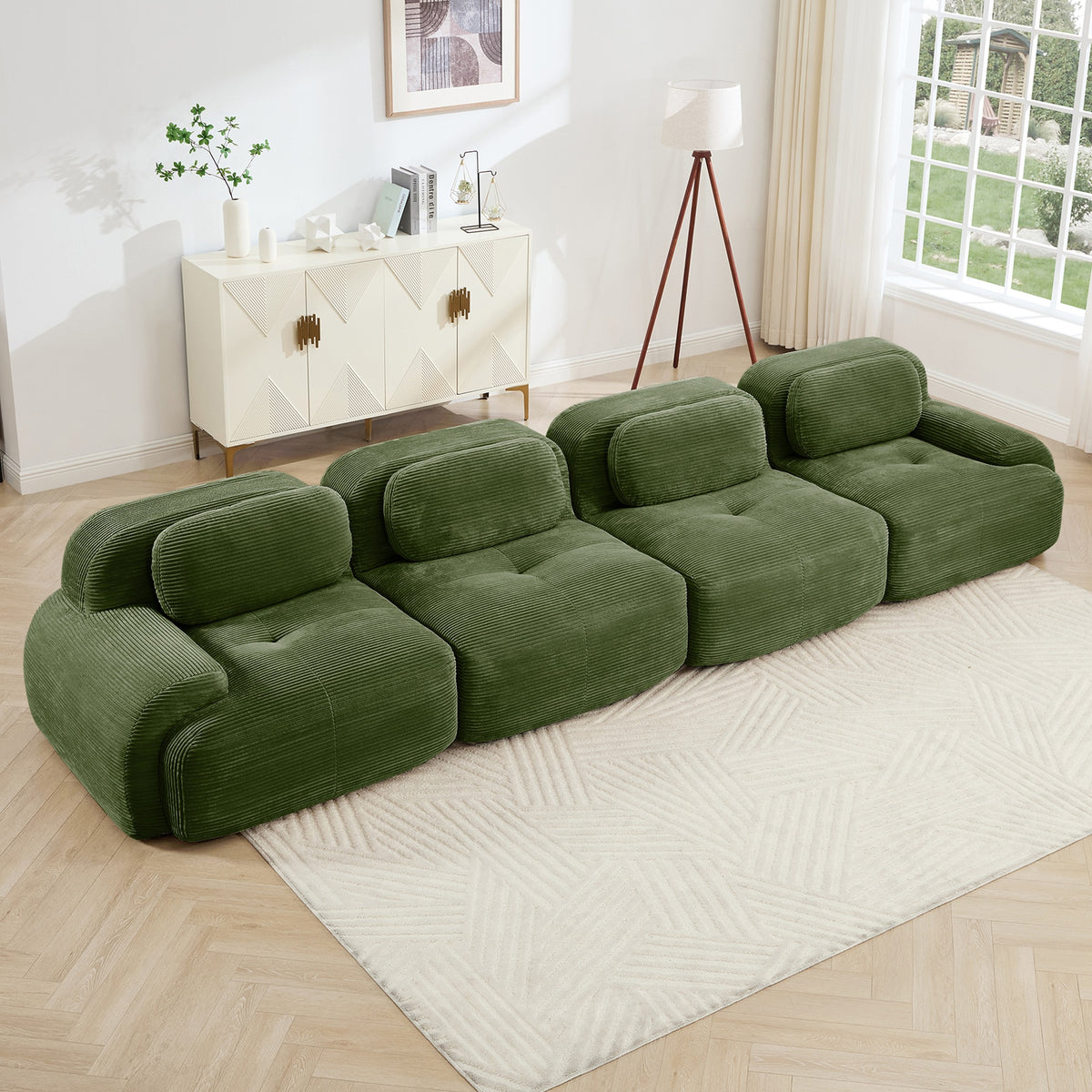 4-seat sofa soft corduroy fabric 32D high-resilience sponge pet-friendly ergonomic design full compression vacuum packaging free combination no assembly for bedrooms studies,Olive green