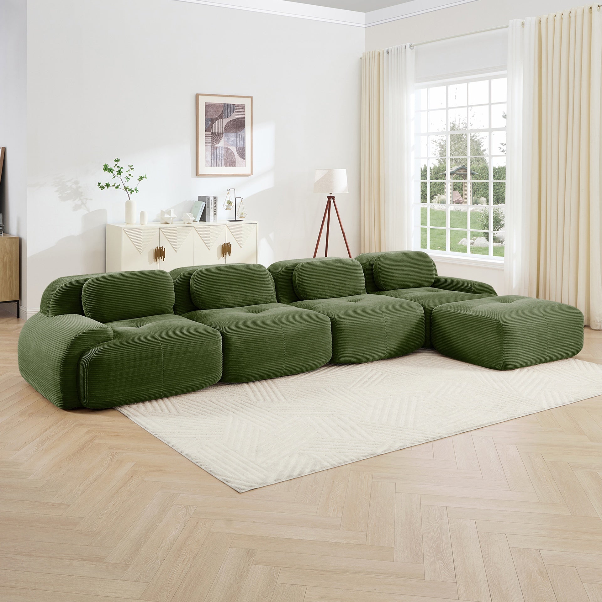 4-seat L-shaped sofa 32D high-resilience sponge anti-slip design chaise design extra-wide curved armrests multi-free combination no assembly for studies living rooms media rooms,Olive green