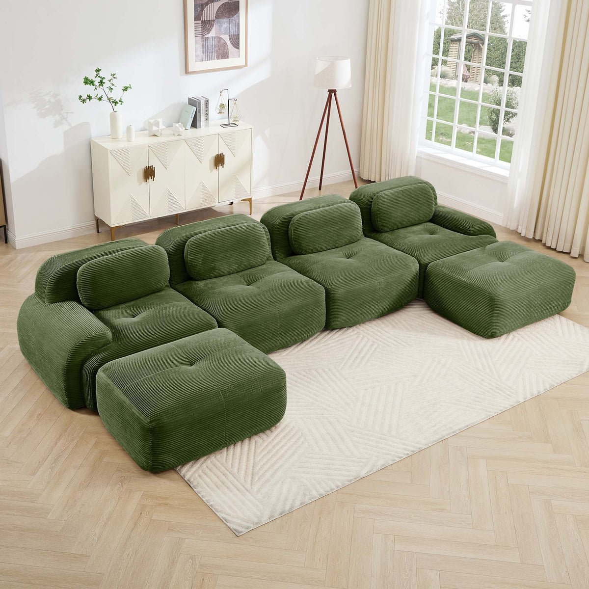 U-shaped modular sofa no assembly breathable corduroy fabric 32D high-resilience sponge extra-wide curved armrests pet-friendly ergonomic design for living rooms bedrooms,Olive green