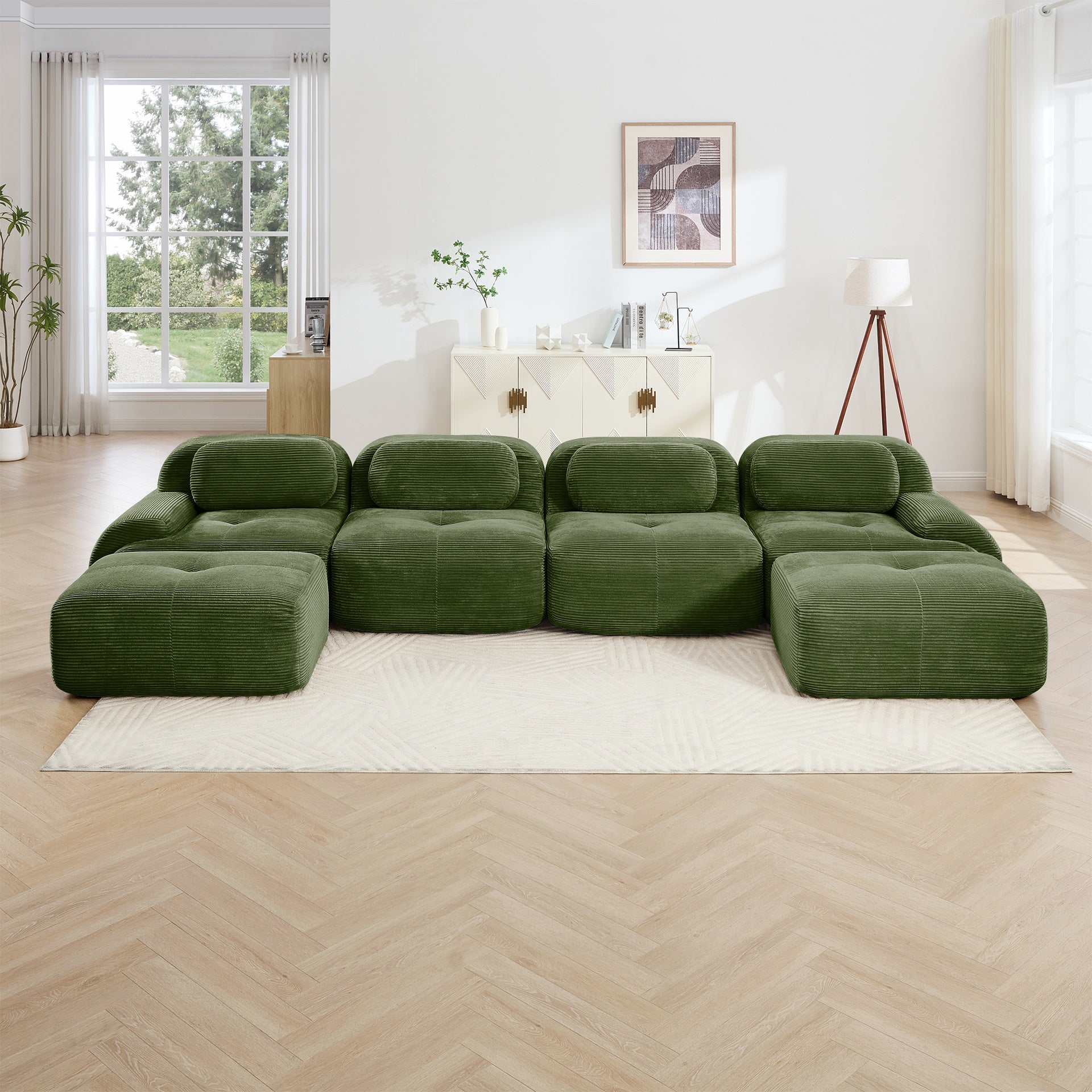 U-shaped modular sofa no assembly breathable corduroy fabric 32D high-resilience sponge extra-wide curved armrests pet-friendly ergonomic design for living rooms bedrooms,Olive green