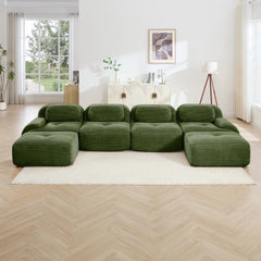 U-shaped modular sofa no assembly breathable corduroy fabric 32D high-resilience sponge extra-wide curved armrests pet-friendly ergonomic design for living rooms bedrooms,Olive green