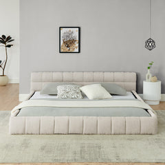 King size  Upholstered Bed Frame with Thick Fabric, Chenille Fabric Grounded King Size Platform Bed with Headboard and Solid Frame. No Box Spring Needed-Beige(88.5''*85.5''*24'')