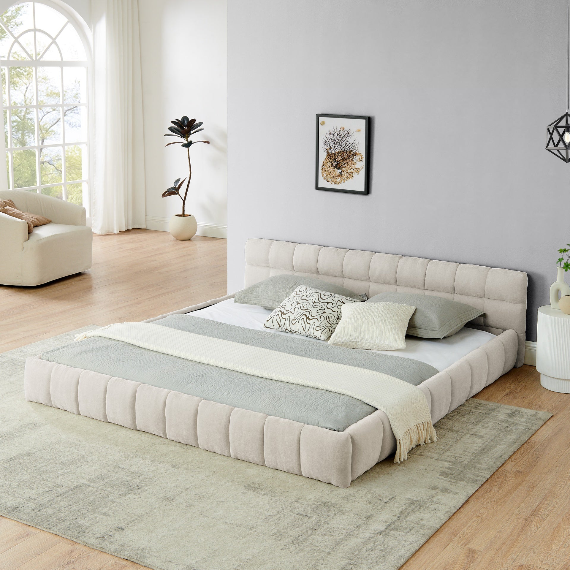 King size  Upholstered Bed Frame with Thick Fabric, Chenille Fabric Grounded King Size Platform Bed with Headboard and Solid Frame. No Box Spring Needed-Beige(88.5''*85.5''*24'')