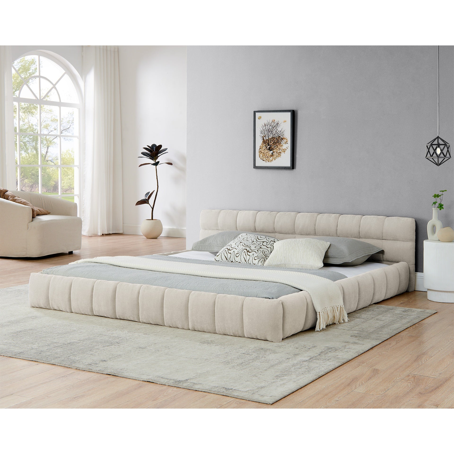 King size  Upholstered Bed Frame with Thick Fabric, Chenille Fabric Grounded King Size Platform Bed with Headboard and Solid Frame. No Box Spring Needed-Beige(88.5''*85.5''*24'')