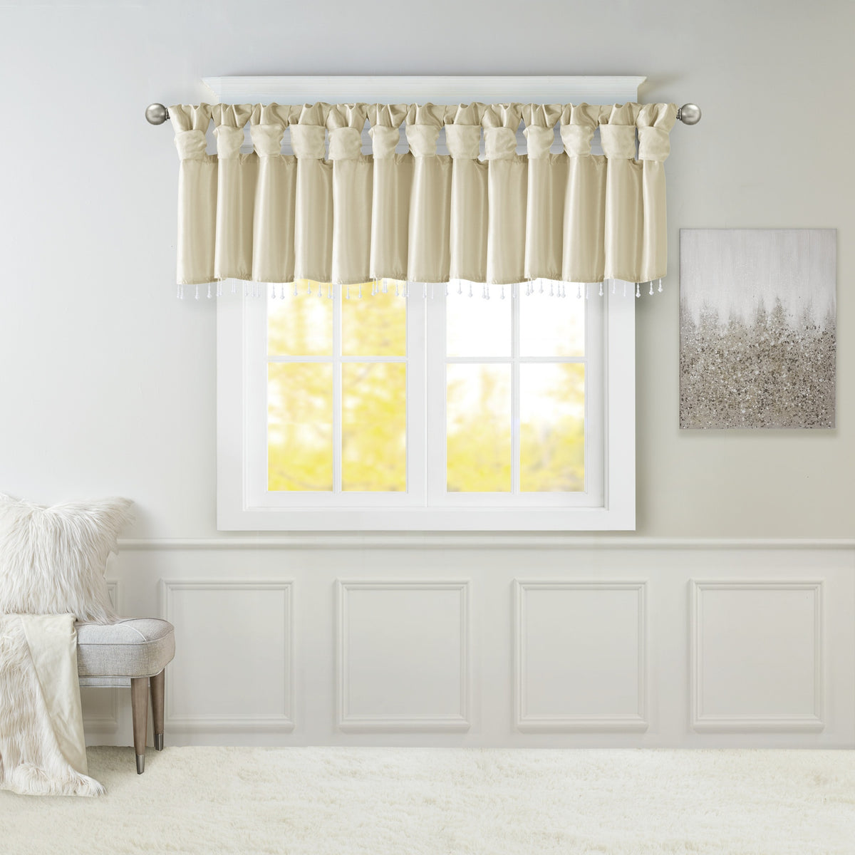 Lightweight Faux Silk Valance With Beads Champagne 50x26"