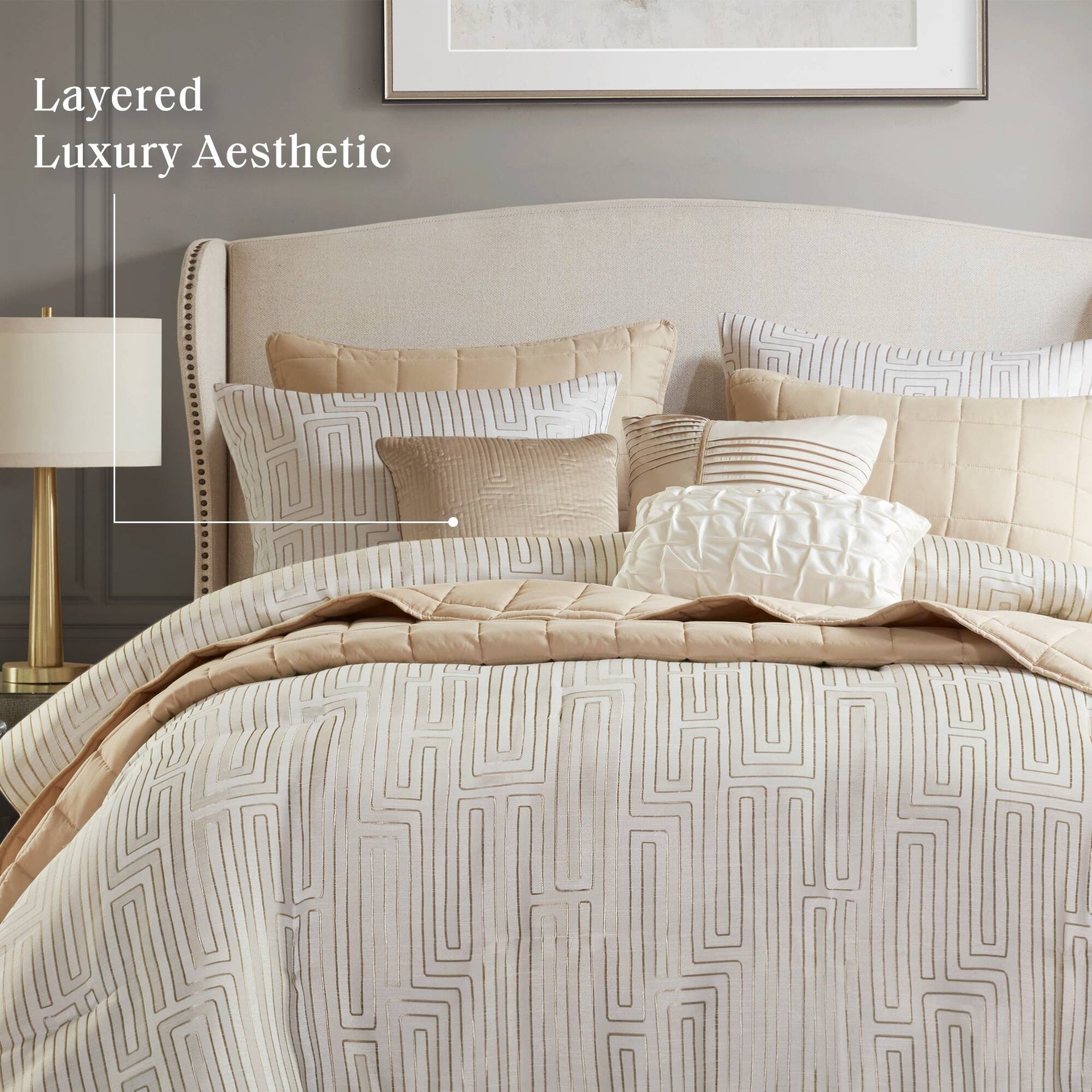10 PCS Cal King Luxury Jacquard Comforter Set Ivory