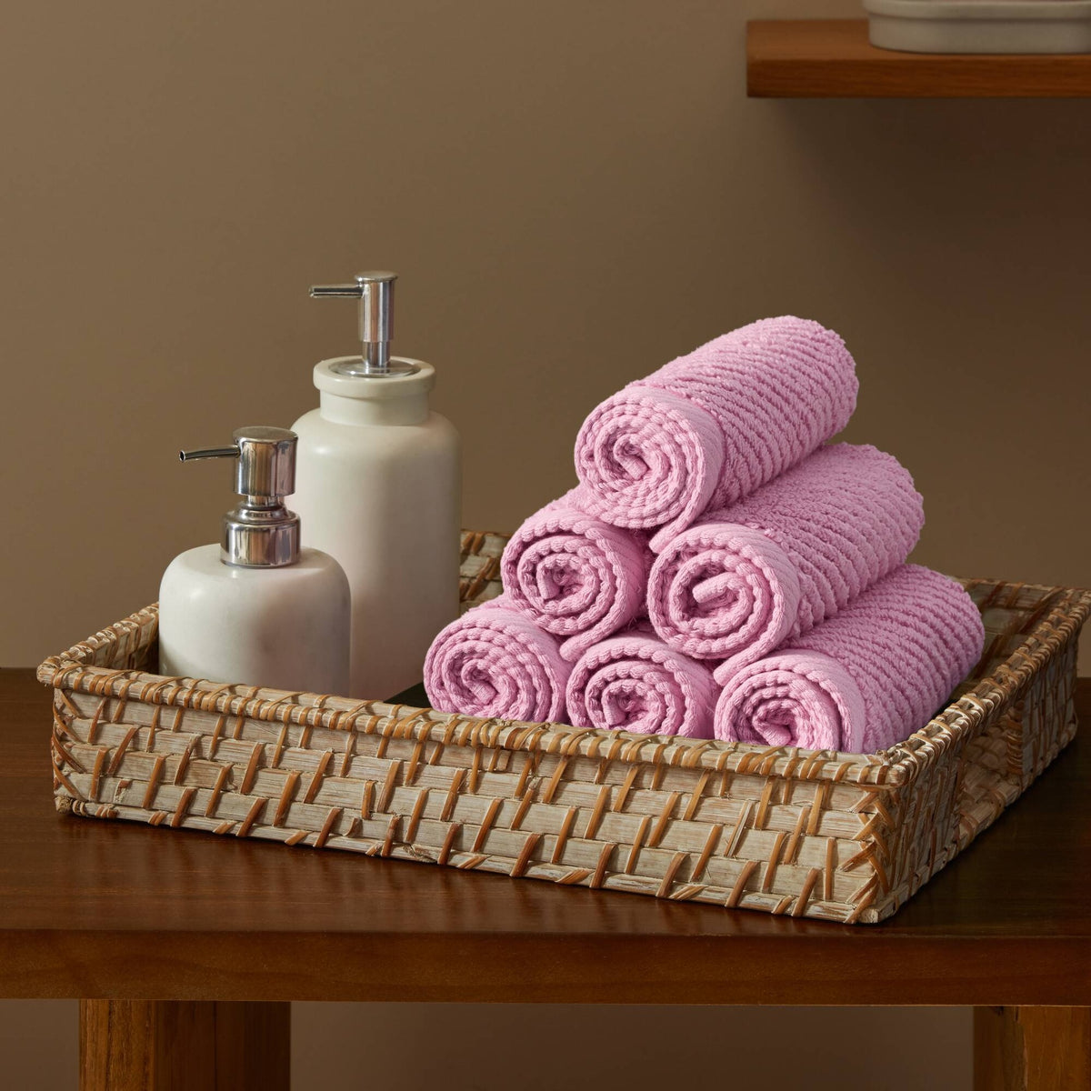 6-Piece 100% Cotton Quick Dry Diagonal Ribbed 6pcs Towel Set, Pink