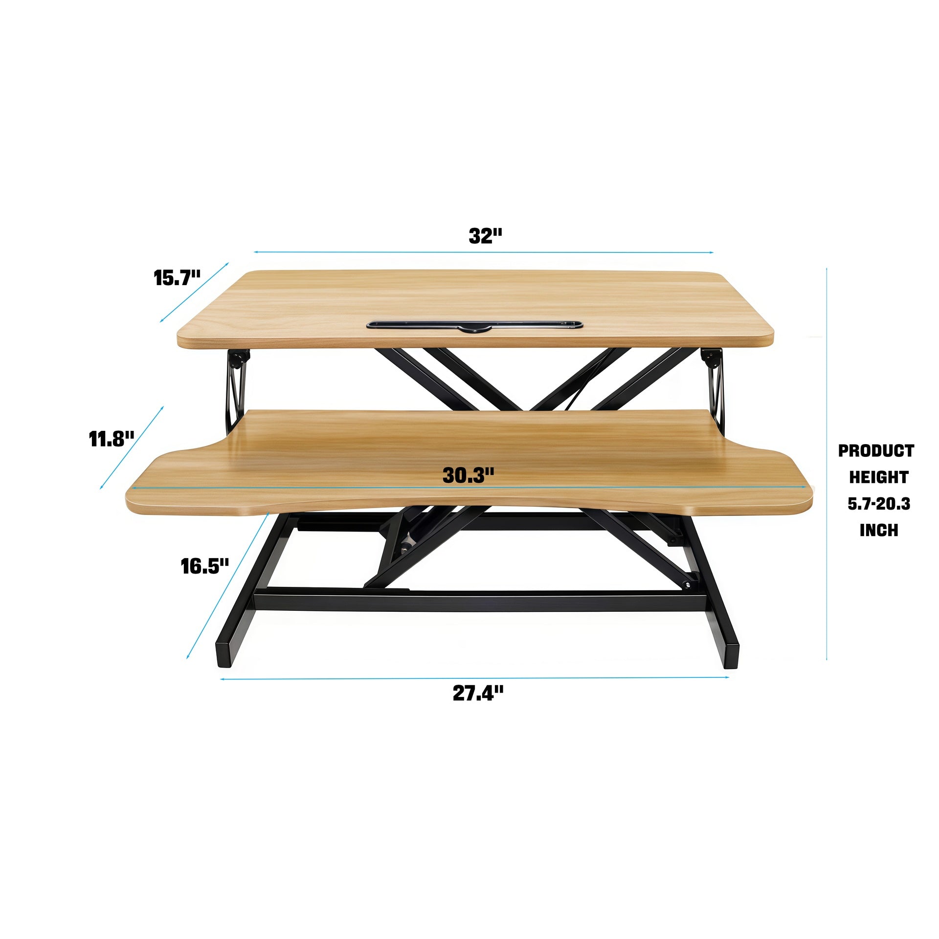 32 Inch Desk Converter, Height Adjustable Sit to Stand Riser, Dual Monitor and Laptop Workstation with Wide Keyboard Tray, Standing Computer Desk, Natural Color
