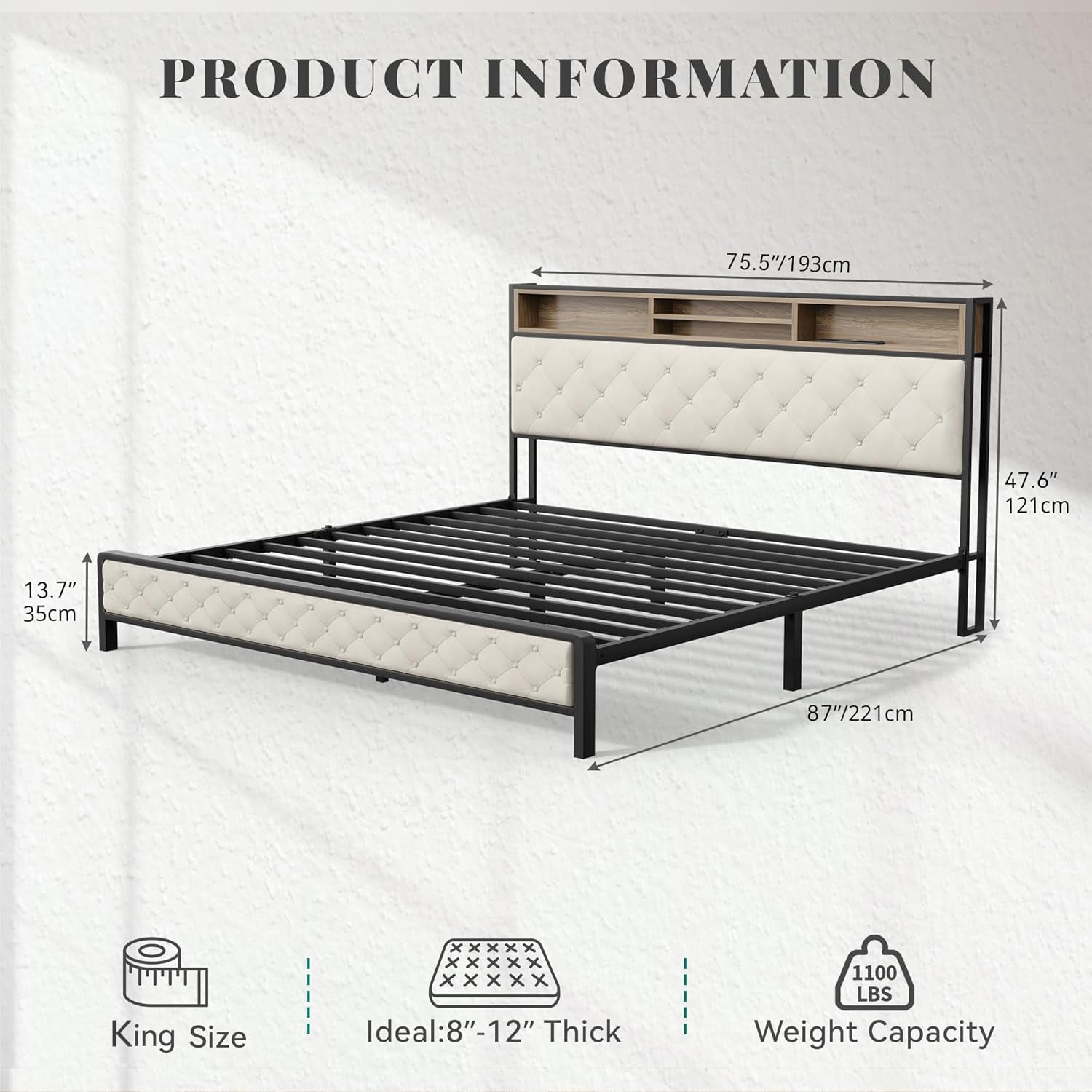 King Size Bed Frame, Platform Bed Frame with Charging Station, Upholstered Storage Headboard & Footboard Metal Slats Supports Mattress Foundation, No Box Spring Needed, Beige(No Drawers)
