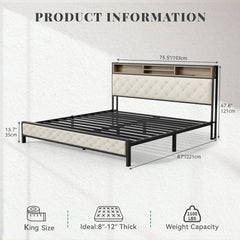 King Size Bed Frame, Platform Bed Frame with Charging Station, Upholstered Storage Headboard & Footboard Metal Slats Supports Mattress Foundation, No Box Spring Needed, Beige(No Drawers)