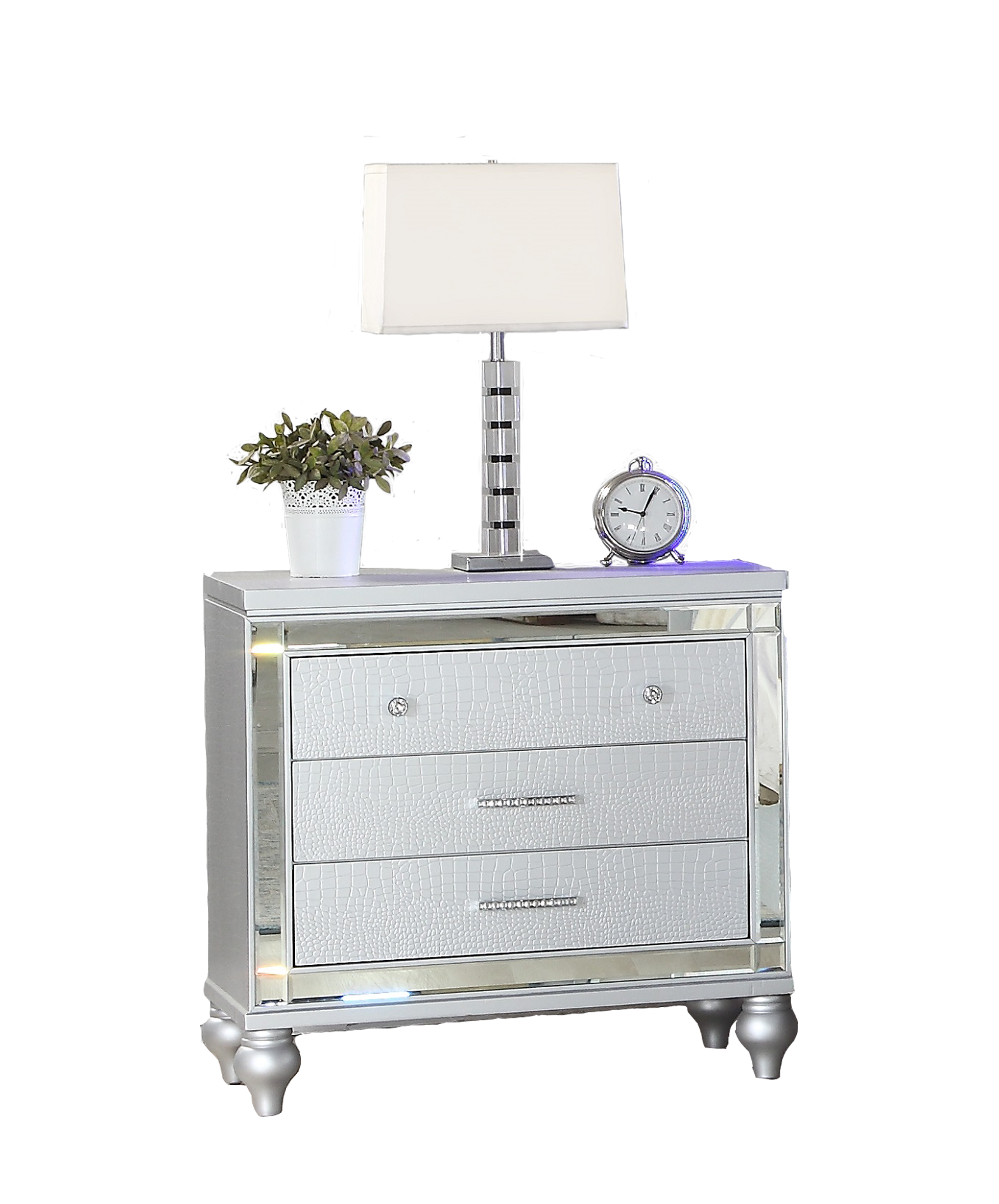 Sterling Modern Style Mirror Framed 3-Drawer Nightstand Made with Wood in Silver  same as G150108488  (NJ inventory)