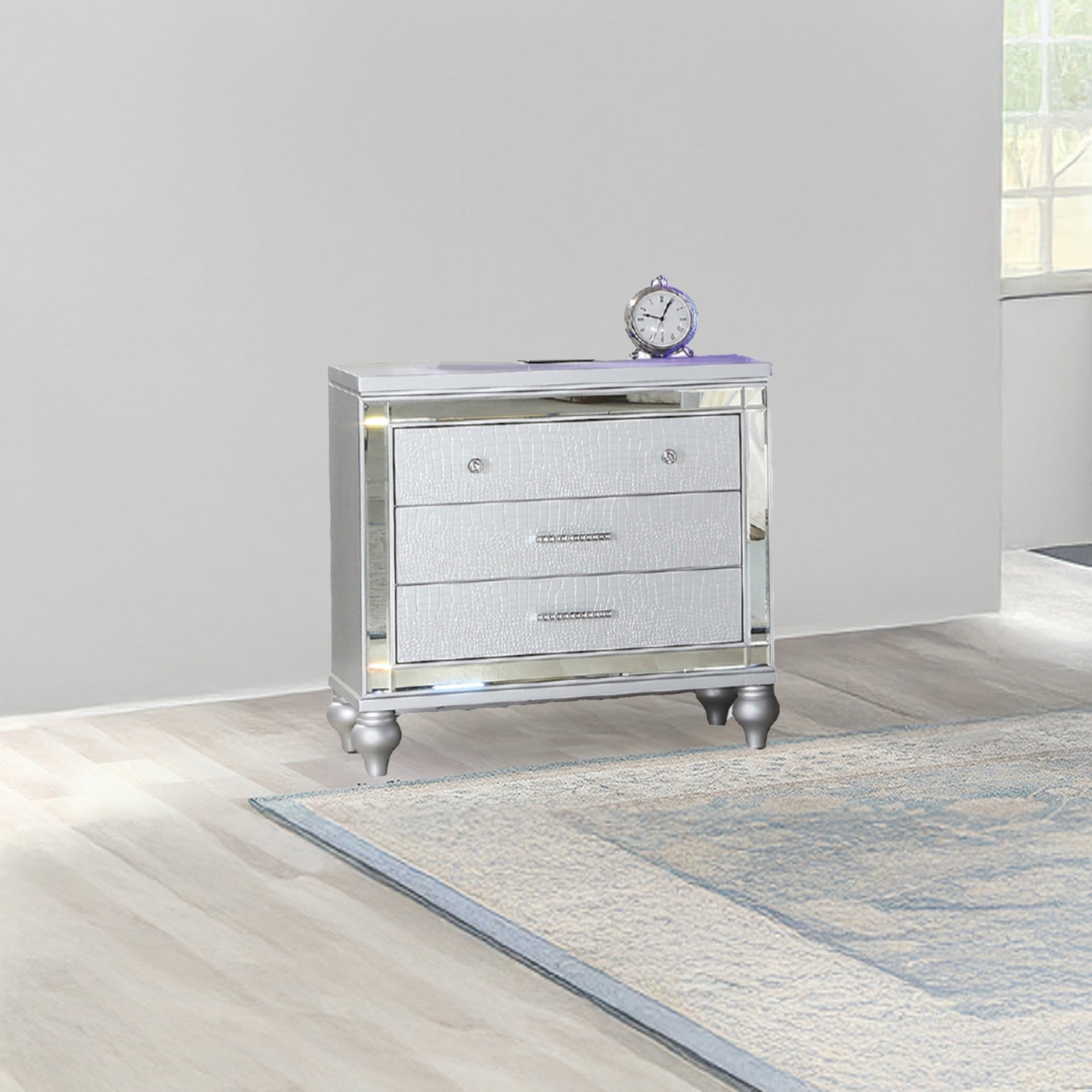 Sterling Modern Style Mirror Framed 3-Drawer Nightstand Made with Wood in Silver  same as G150108488  (NJ inventory)