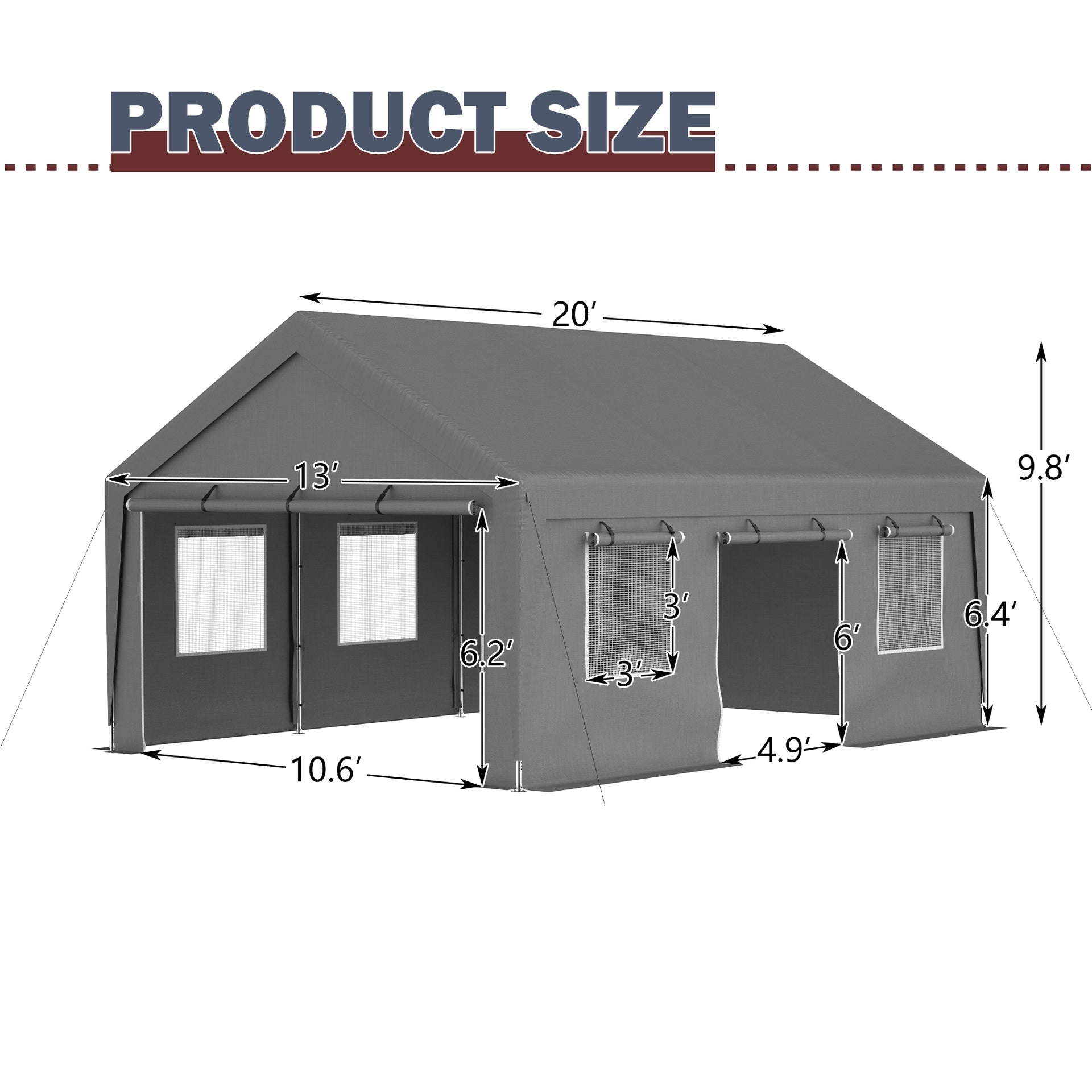 13'x20' Canopy with 2 Roll-Up Doors, Waterproof Party Tent, Carport & Storage Shelter for Outdoor, Car, Boat, Garden Party, Gathering, Galvanized Frame