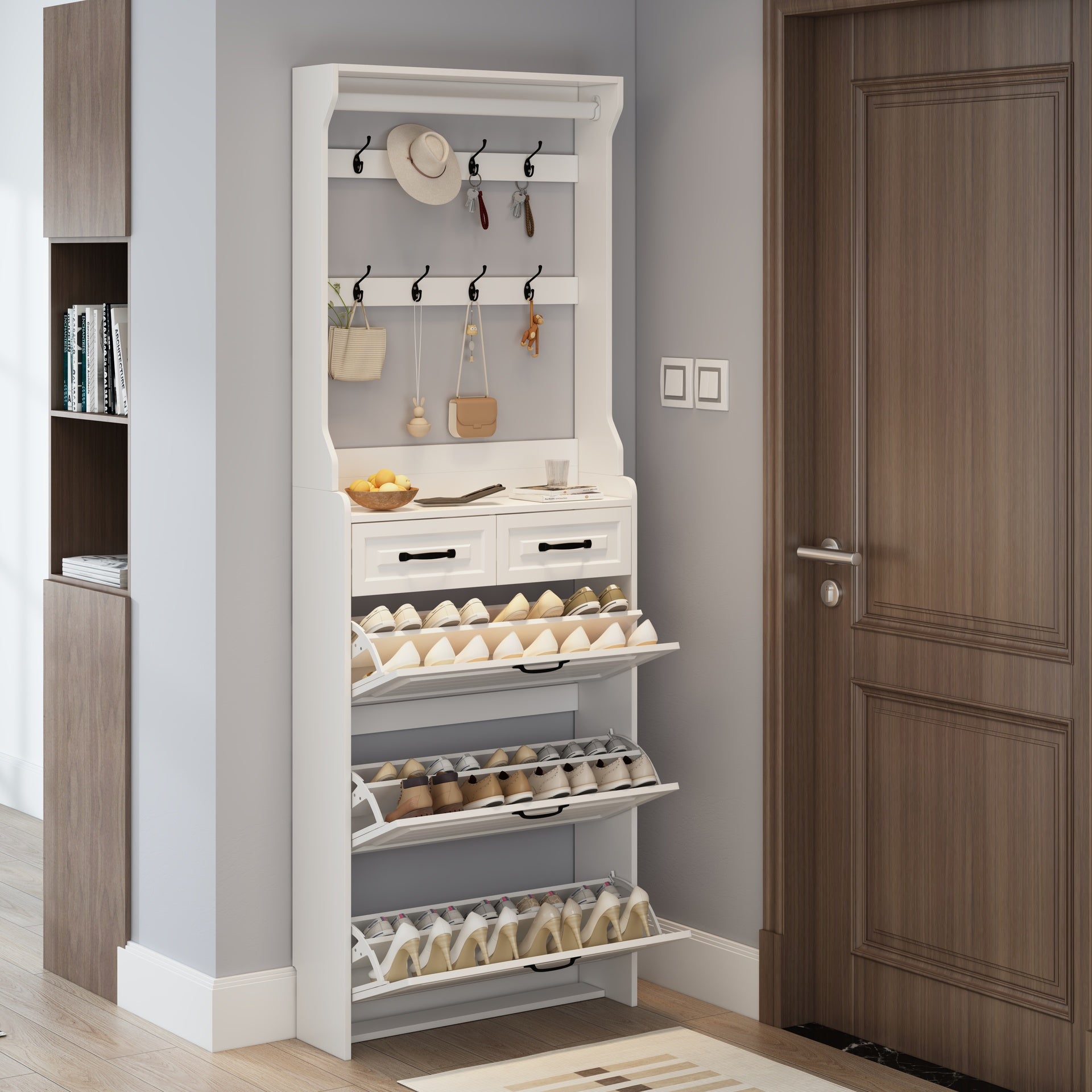 NEW White color shoe cabinet  with 3 doors 2 drawers with hanger,large space for storage